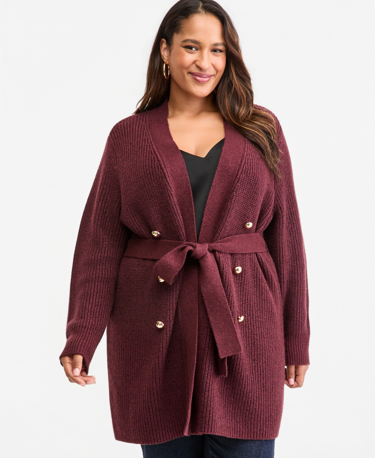 I.n.c. International Concepts Plus Size Double-Breasted Long-Sleeve Cardigan, Macy's Exclusive - Berry Wine