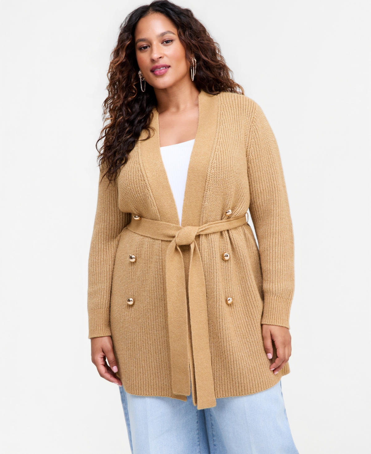 I.n.c. International Concepts Plus Size Double-Breasted Long-Sleeve Cardigan, Macy's Exclusive - Warm Toffee