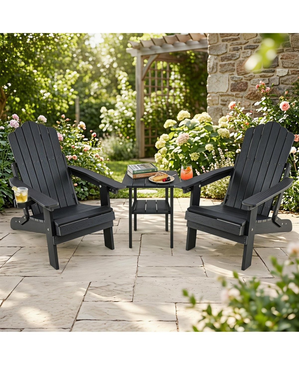 Sugift Set of 2 Outdoor Folding Adirondack Chairs with Cup Holder and 5-Level Backrest