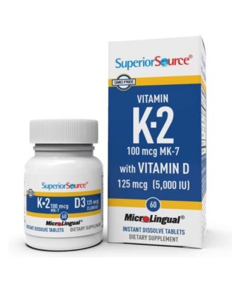 K2 (MK-7) 100 mcg, with D3 (5,000 IU) Supplement, Quick Dissolve MicroLingual Tablets, 60 Count, Strengthen Bones, Cardiovascular and