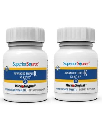 Triple K: MK-4 500mcg, MK-7 50mcg, K1 500mcg, 30 Quick Dissolve Tabs, Bone/Heart/Immune Support, Non-GMO, 2-Pack