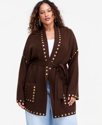 Plus Size Studded Tie-Waist Cardigan