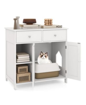 Hidden Cat Washroom Side Cabinet Wooden Pet House with 2 Drawers 31.5in x 20in x 31in