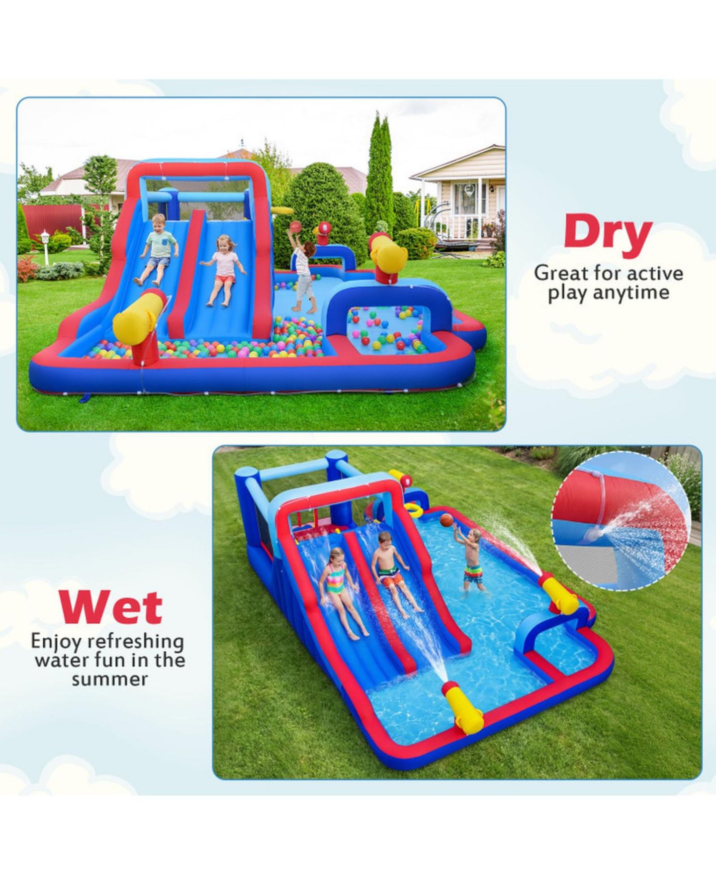 Детские игрушки HONGGE Giant Inflatable Water Slide Bounce House with Double Slides, Splash Pool, and 750W Blower, Ages 3-12, цвет: Синий — фото 10