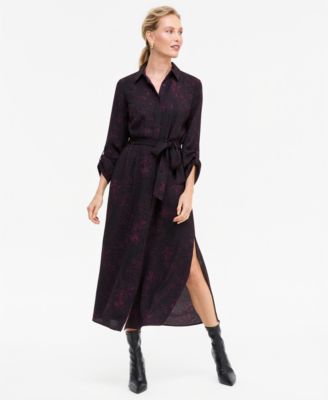 Women's Long-Sleeve Printed Belted Shirt Dress
