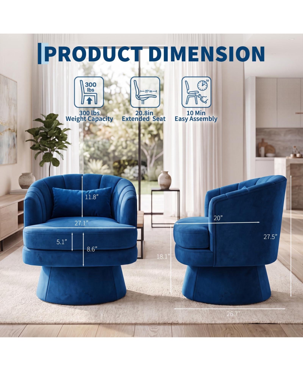 homfan Velvet Swivel Accent Chair, 360 degree(s) Barrel Chair with Lumbar Pillow, Round Base Comfy Upholstered Armchair for Living Room