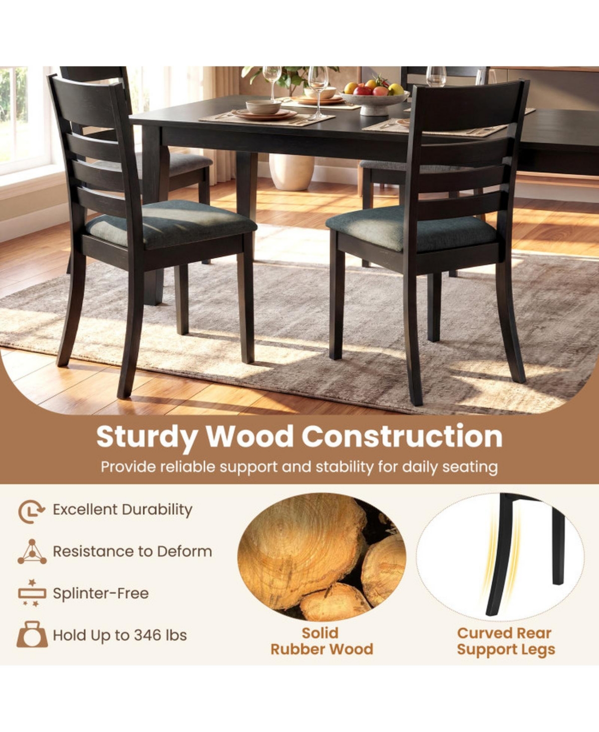 Sugift Set of 2 Upholstered Wooden Dining Chairs with Rubber Wood Frame and Curved Backrest