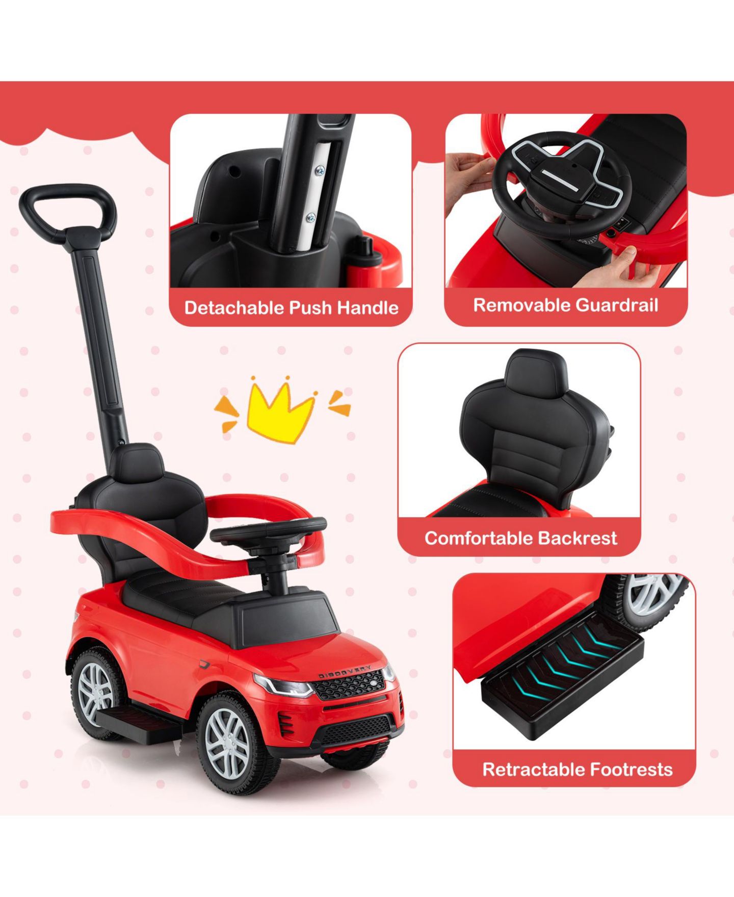 Детская игрушка SUGIFT 3-in-1 Push Car with Removable Handle and Guardrail, Ages 18-36 Months, цвет: Красный — фото 4