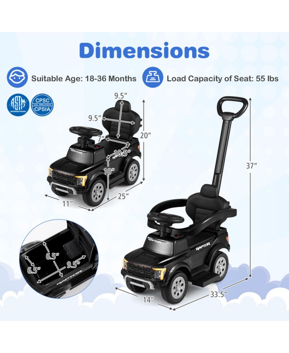 Sugift 3-In-1 Push Ride-On Car, 33.5" x 14" x 37", Ages 18-36 Months