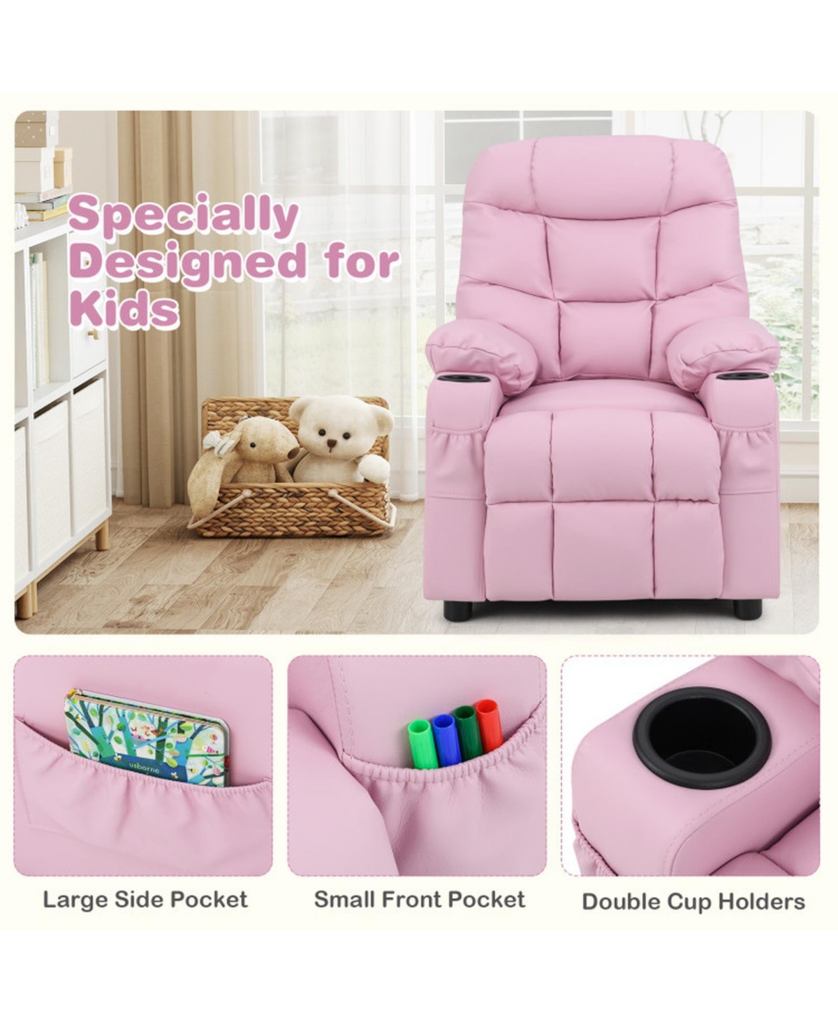 Sugift Kids Recliner Chair with Cup Holder and Footrest for Children