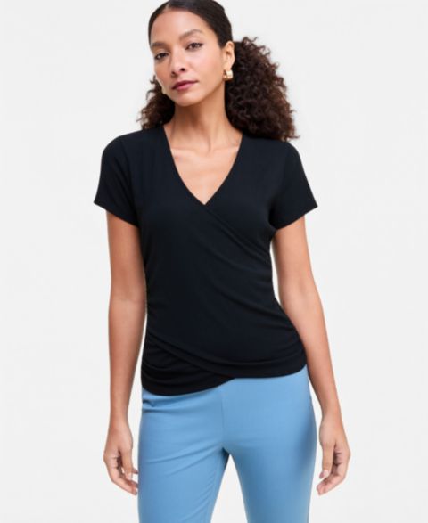 Женская футболка I.N.C. International Concepts Short Sleeve Rib Knit Faux Wrap, цвет: Глубокий чёрный