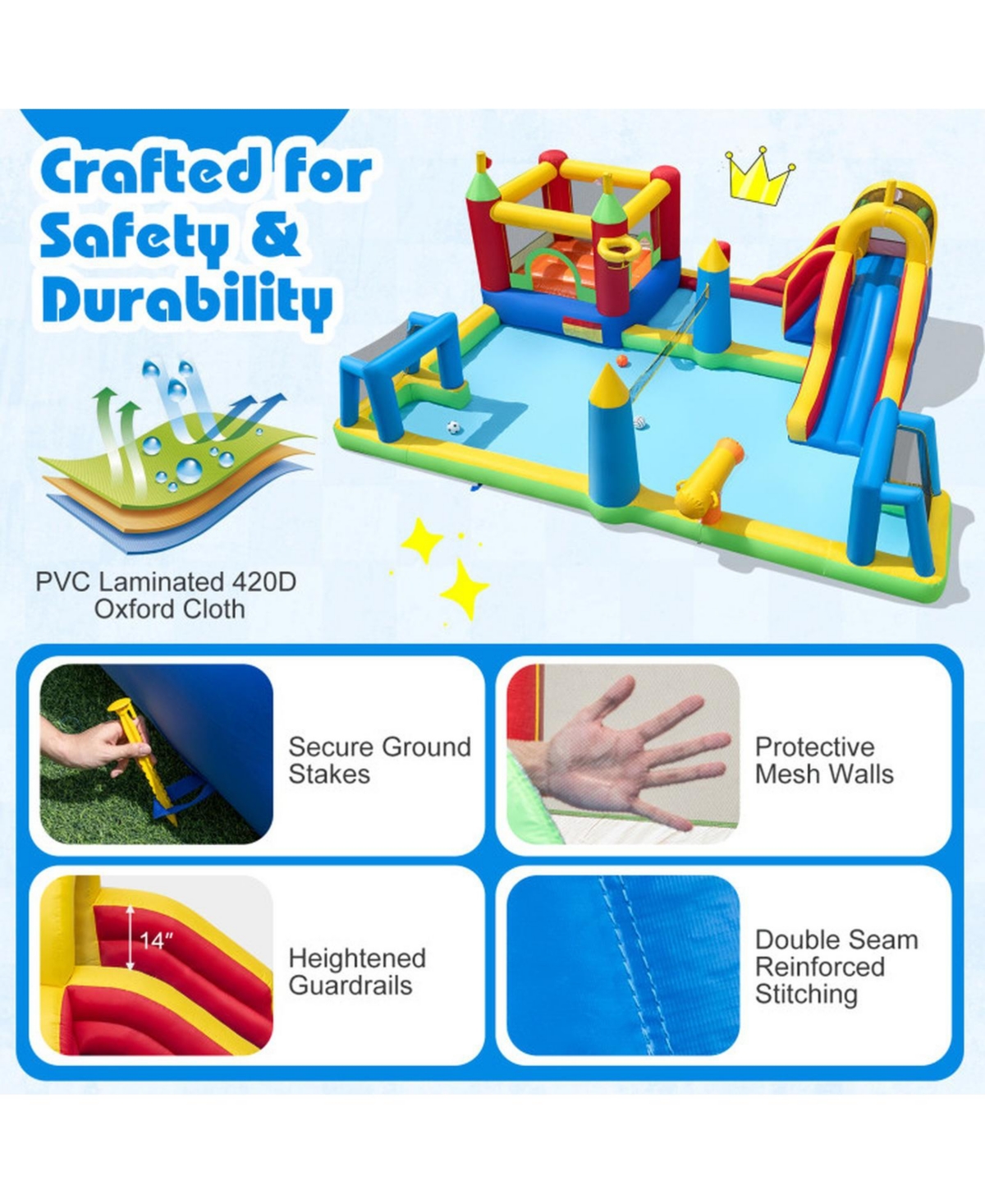 Hongge 9-in-1 Inflatable Water Slide Bounce House with Climbing Wall, 197" x 161" x 75", Ages 3-12