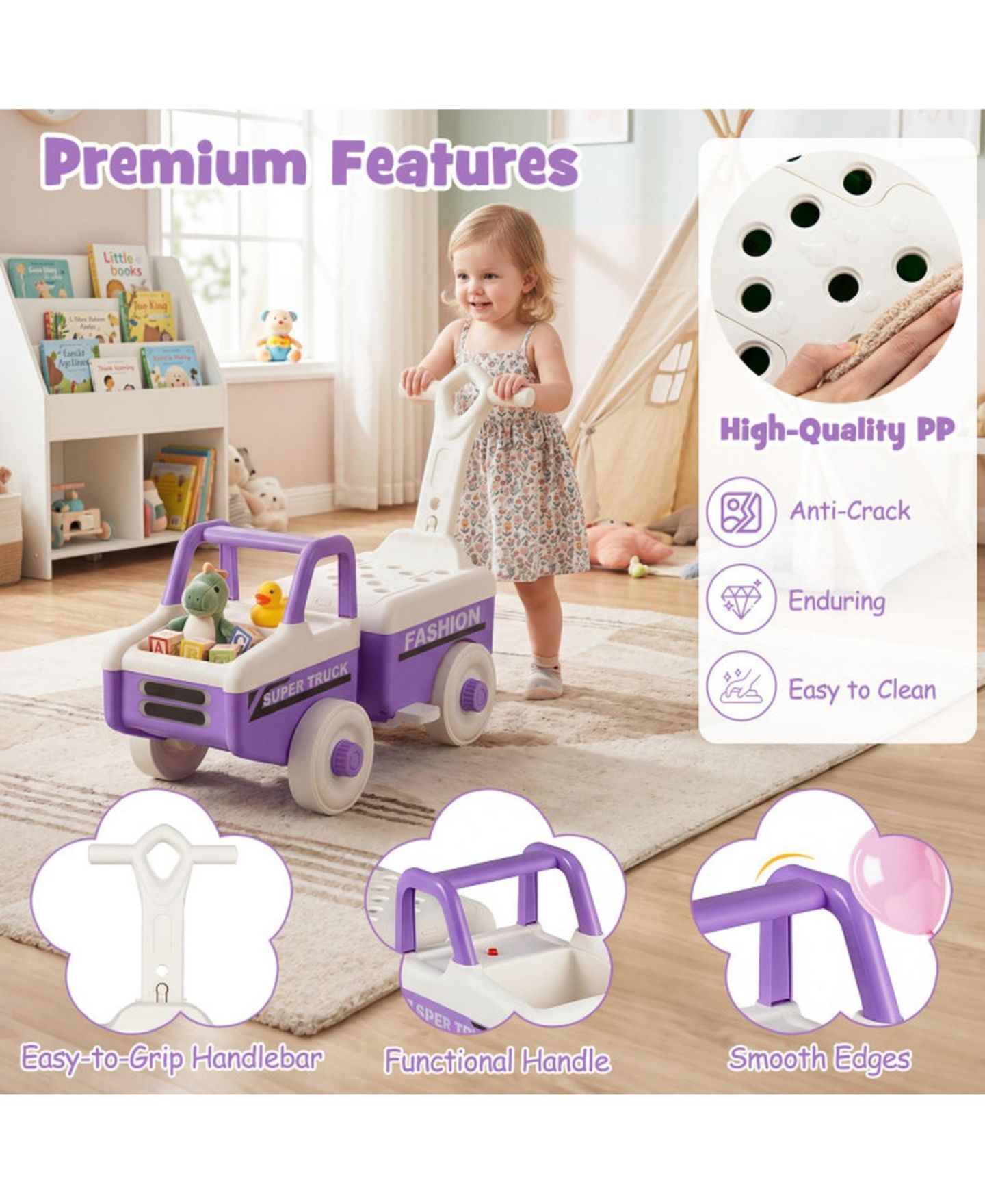 Детская игрушка HONGGE 4-in-1 Ride-On Push Car with Detachable Cargo Trailer & Music, 45 lbs Capacity, Ages 18 Months+, цвет: Фиолетовый — фото 9