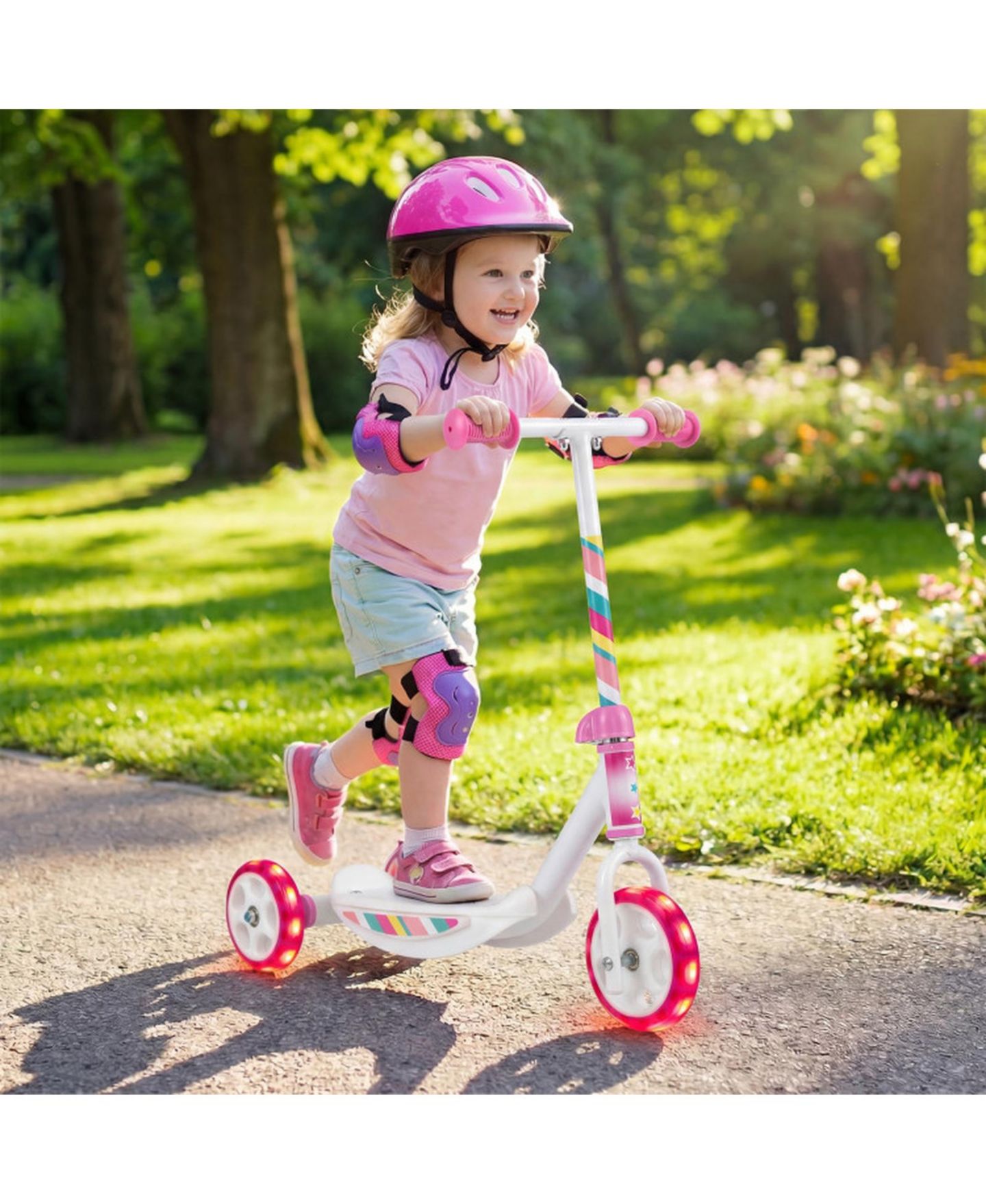 Детская игрушка HONGGE Toddler 3-Wheel Kick Scooter with LED Light-Up Wheels, 44 lbs Capacity, Ages 2+, цвет: Розовый / Белый — фото 8