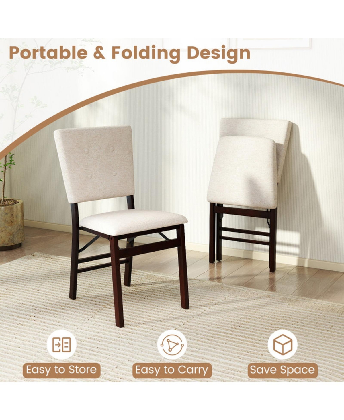 Sugift Set of 2 Foldable Armless Dining Chairs with Padded Seat and Tilt Backrest