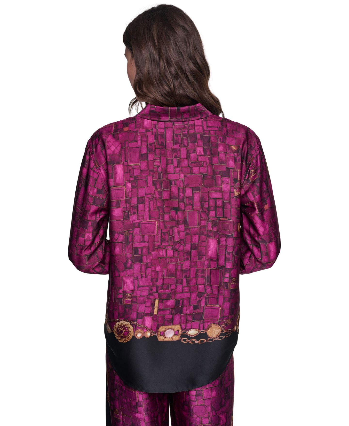 Женская блузка KARL LAGERFELD PARIS Petite Gold Floral Printed Long-Sleeve Satin Blouse, цвет: Вишнёвый комбинированный — фото 4