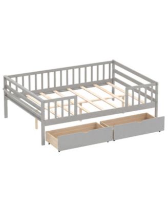 Full Size Wooden Daybed with Fence Guardrails and 2 Storage Drawers