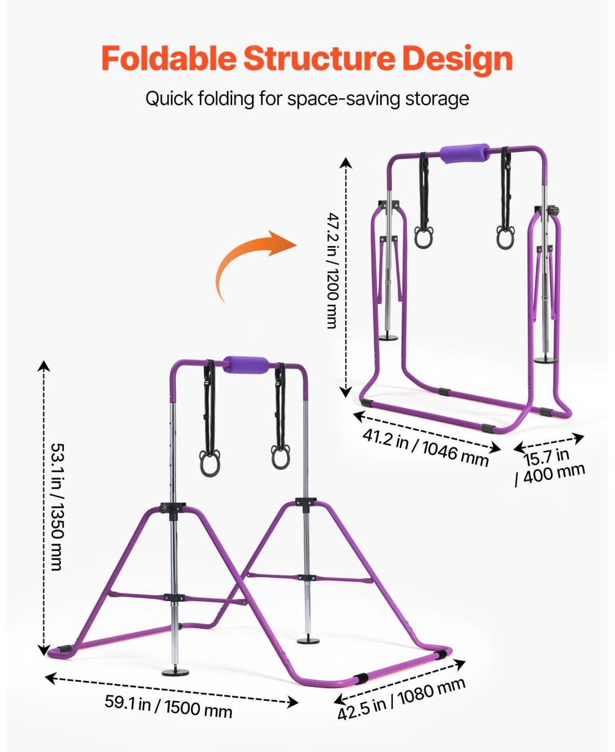 Sugift Kids Folding Gymnastic Kip Bar Adjustable 36-52 in Height 140 lbs Capacity for Ages 3-8