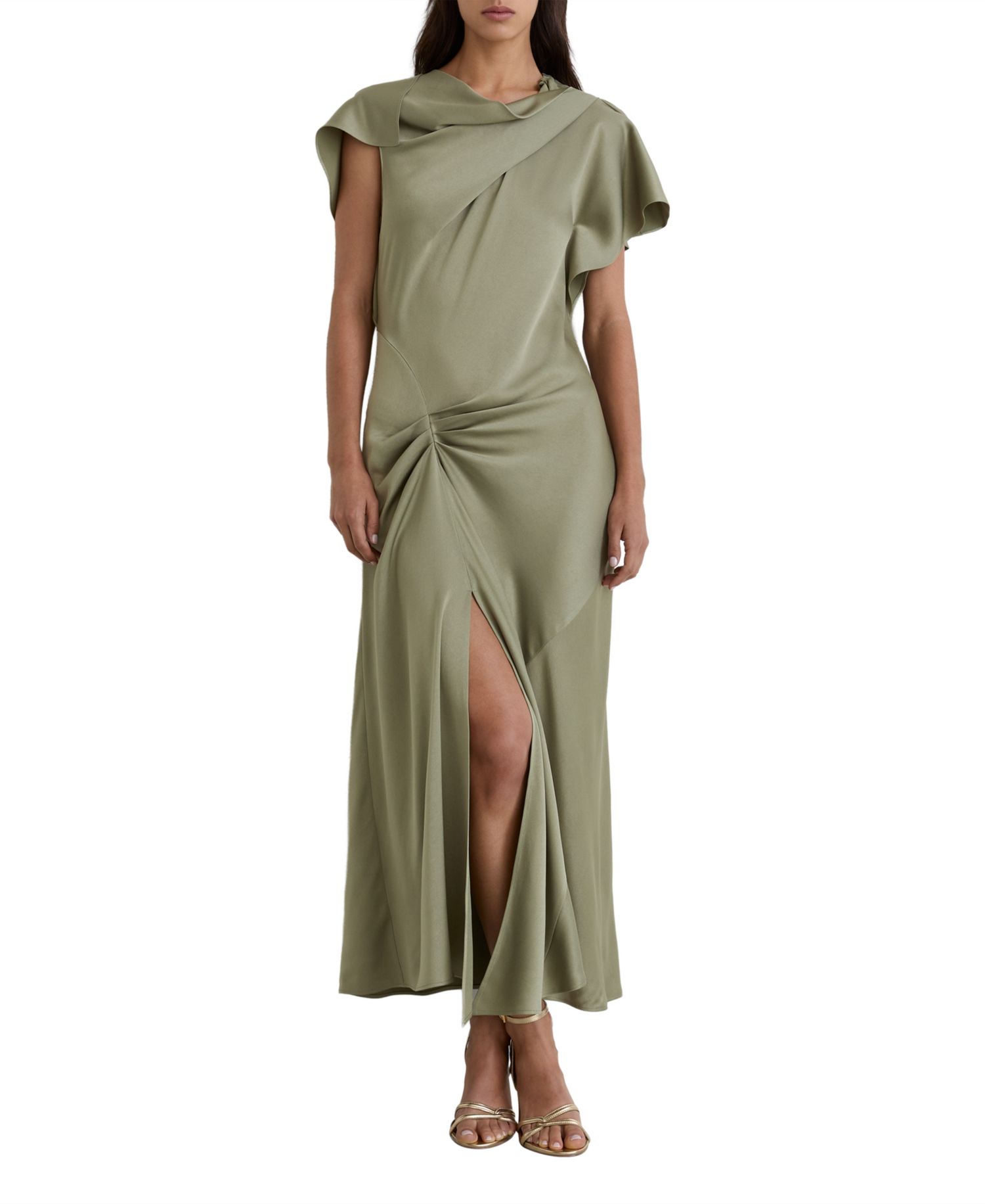 Women's Sasha Cowl Neck Gathered-Draping Satin Midi Dress