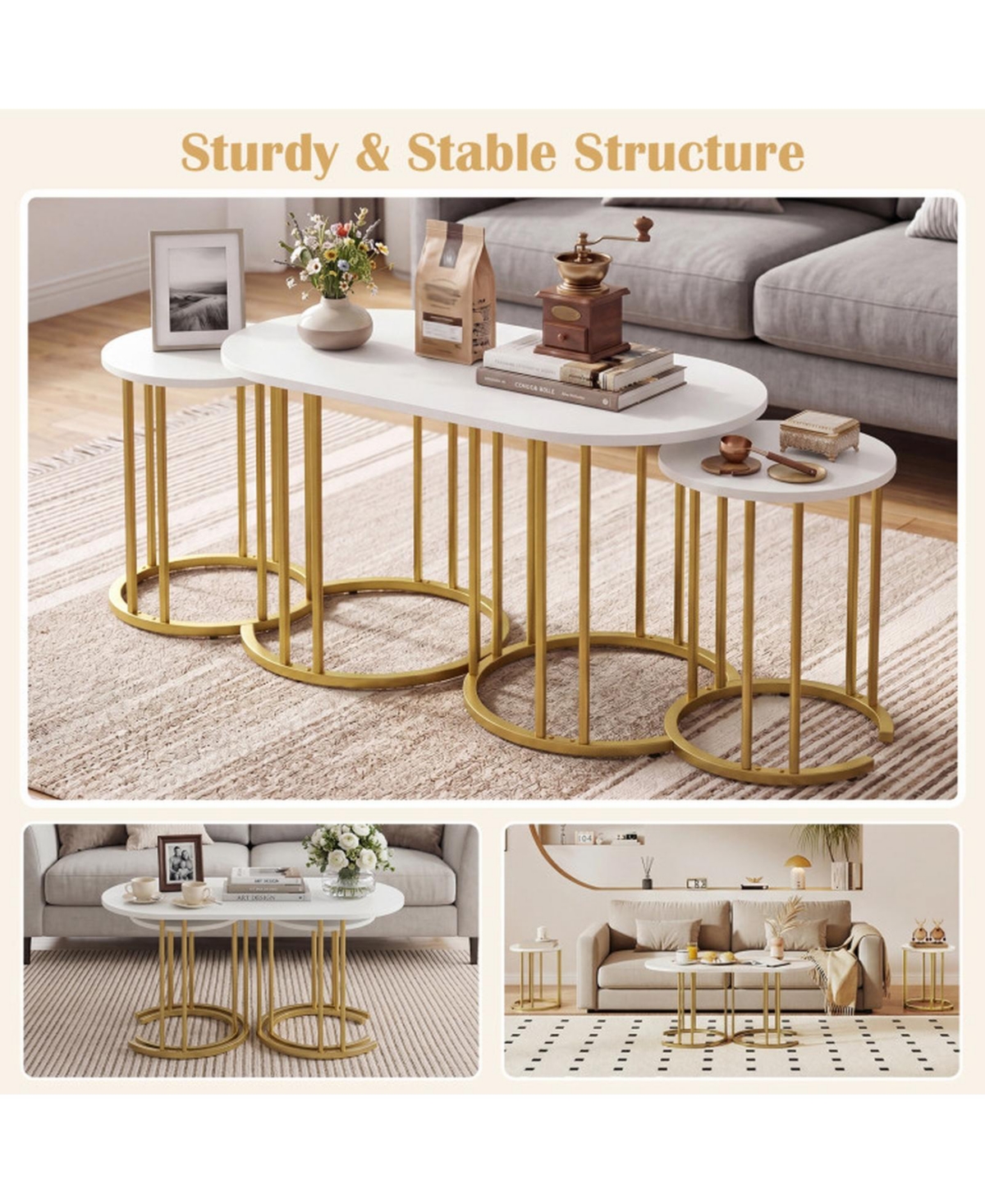 Sugift Nesting Coffee Table Set of 3 with Faux Marble Tops and Powder-Coated Metal Frame