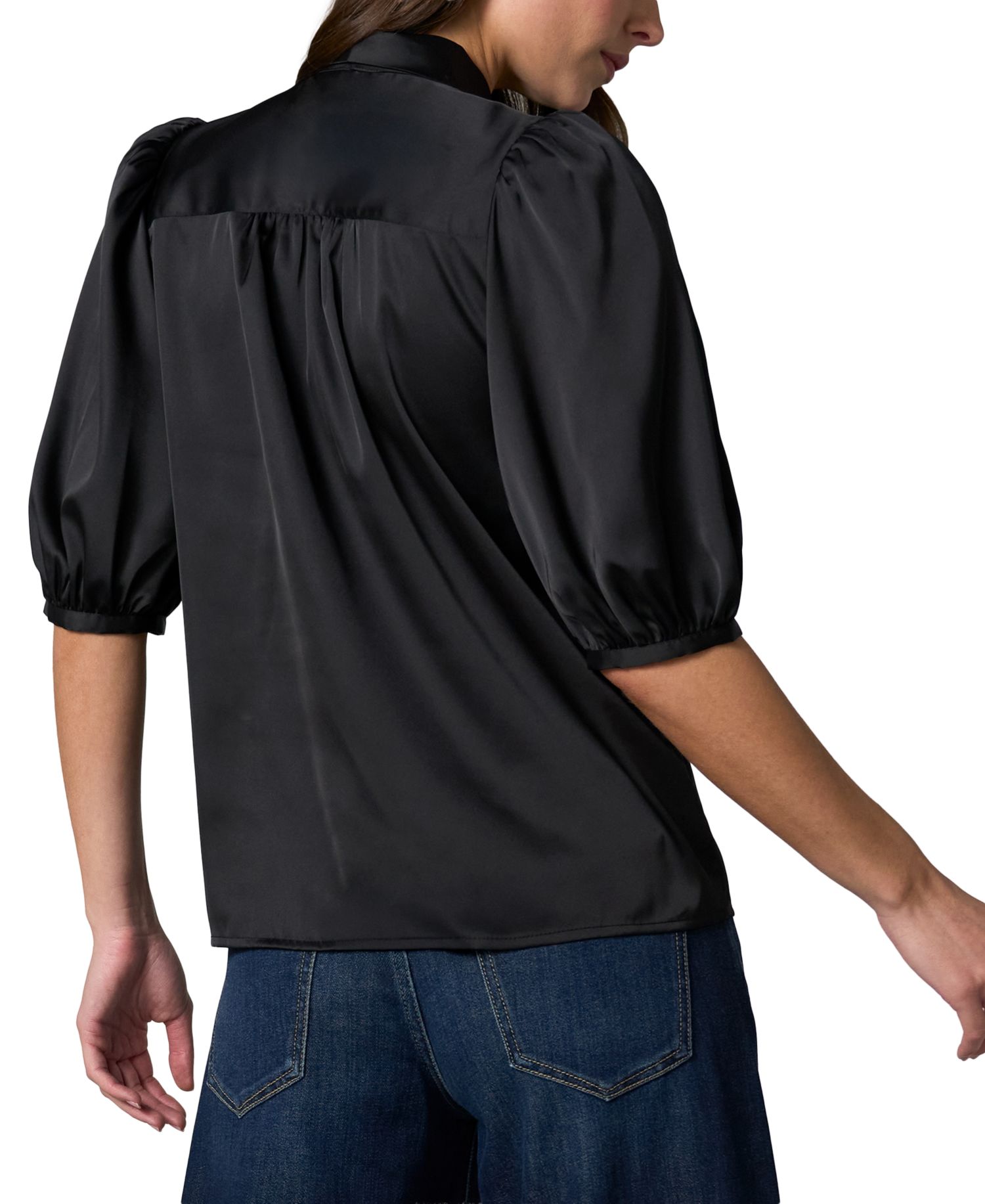 Petite Elbow-Length Puff-Sleeve Tie-Neck Satin Blouse
