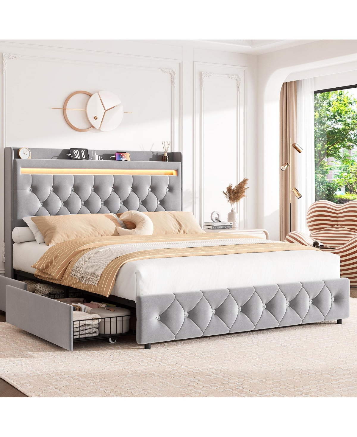 homfan Upholstered Led Bed Frame, Storage Headboard, Charging Station and 2 Drawers, Velvet Princess Platform for Kids, Support