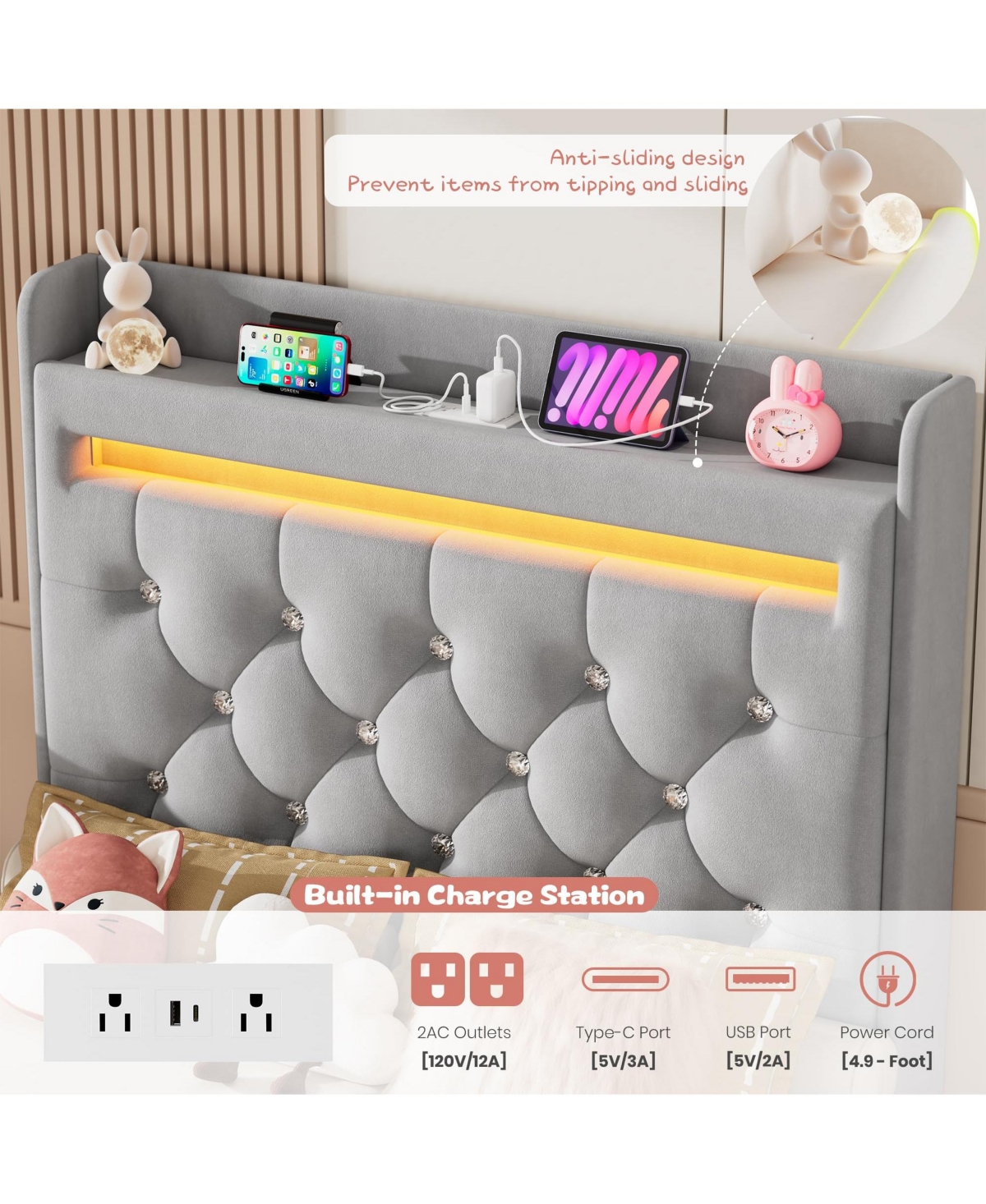 homfan Upholstered Led Bed Frame, Storage Headboard, Charging Station and 2 Drawers, Velvet Princess Platform for Kids, Support