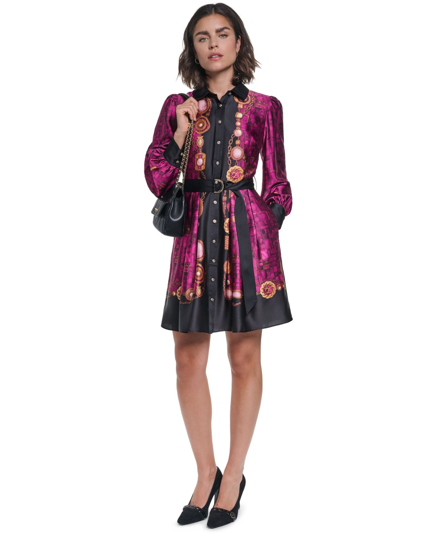 Женское платье KARL LAGERFELD PARIS Petite B.F. Collared Long-Sleeve Belted Shirt Dress, цвет: Вишнёвый комбинированный — фото 2