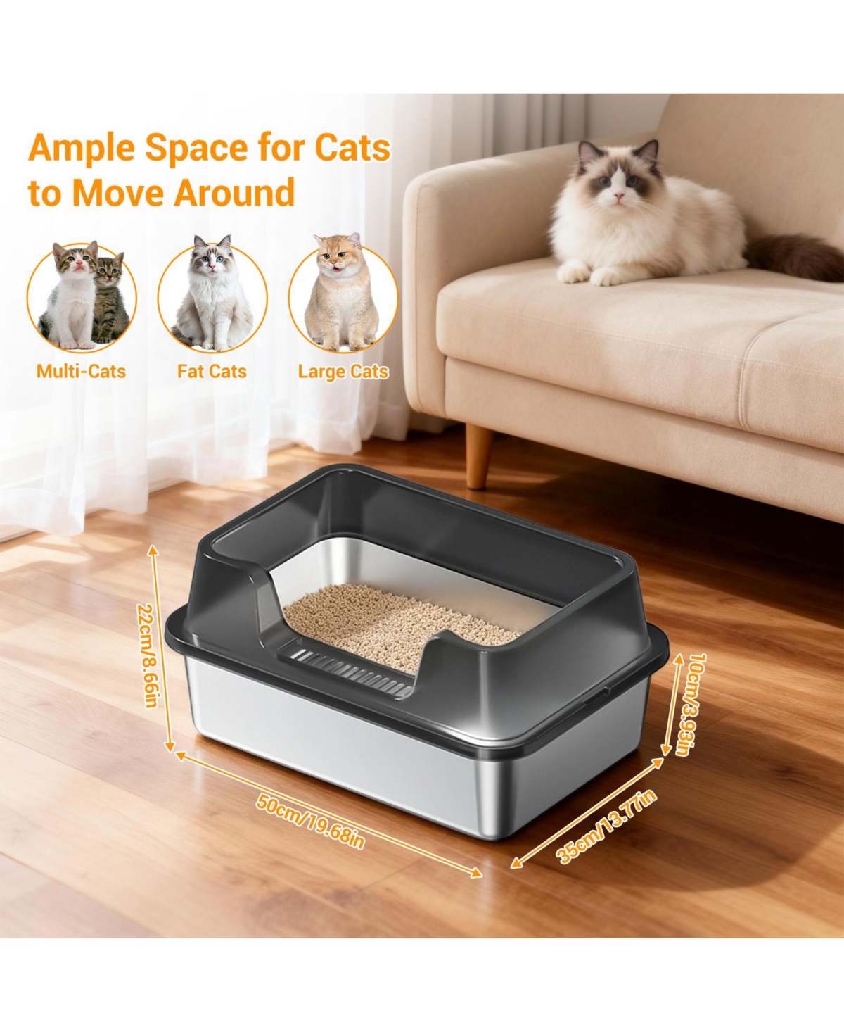 homfan High Sided and Non-Stick Stainless Steel Cat Litter Box, Extra Large, Odor Resistant, Anti-Leak, Easy to Clean, Non-Slip Base for Cat