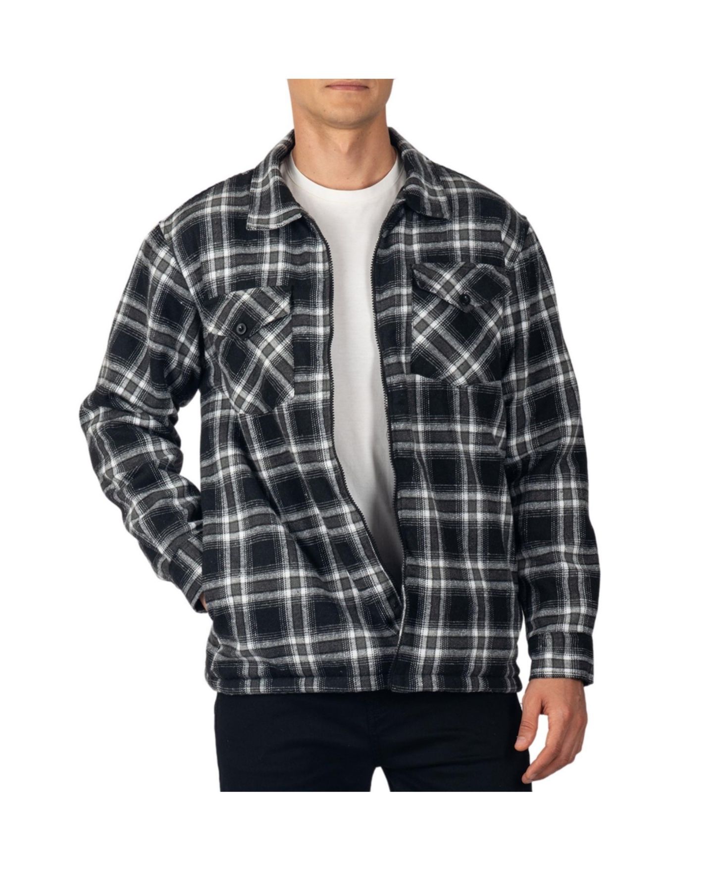 Мужская рубашка Alpine Swiss Felix Fleece Lined Flannel Shirt Heavyweight Zip-Up Plaid Shacket Overshirt, цвет: Чёрный серый — фото 7