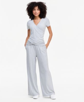 Women's Rib-Knit Faux-Wrap Top and Wide-Leg Pants
