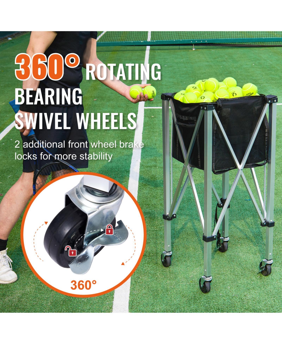 Sugift Foldable Tennis Ball Hopper Holds 150 Tennis Balls Aluminum Alloy Cart with Wheels Carry Bag