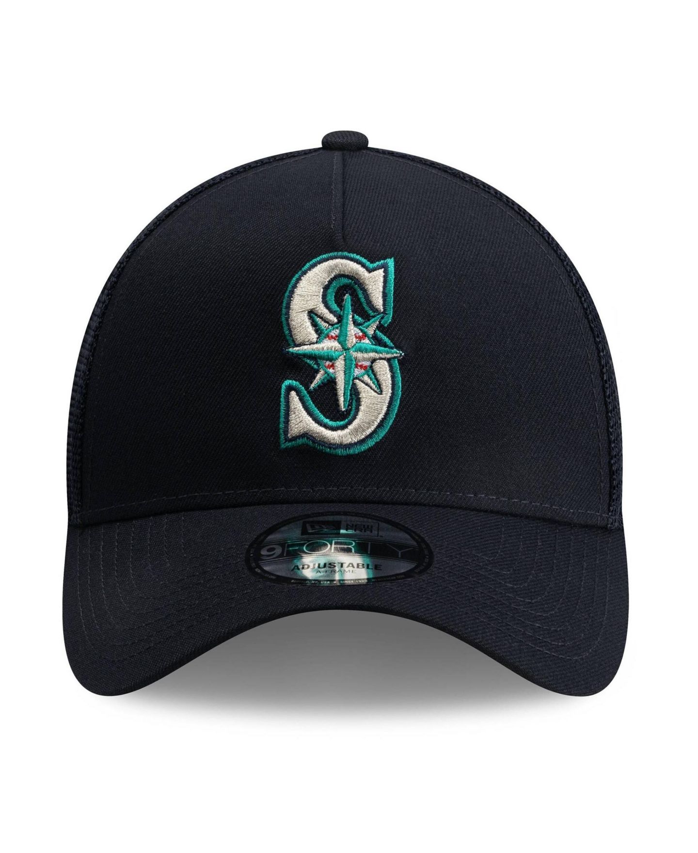 Мужская кепка New Era Navy Seattle Mariners Side Script 9FORTY A-Frame Trucker Adjustable Hat — фото 2