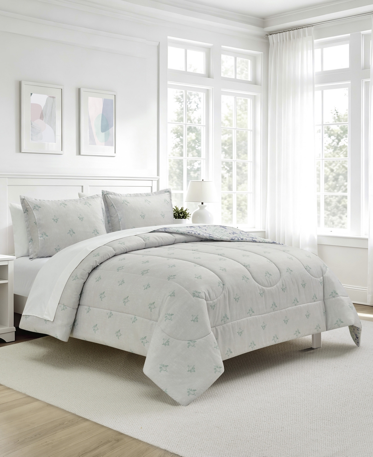 Macy's Painterly Damask Reversible Microfiber 3-piece Comforter Set In Blue,green