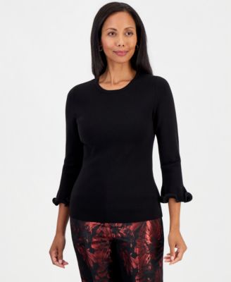 Women's Crew Neck Sculptural Cuff 3/4-Sleeve Sweater