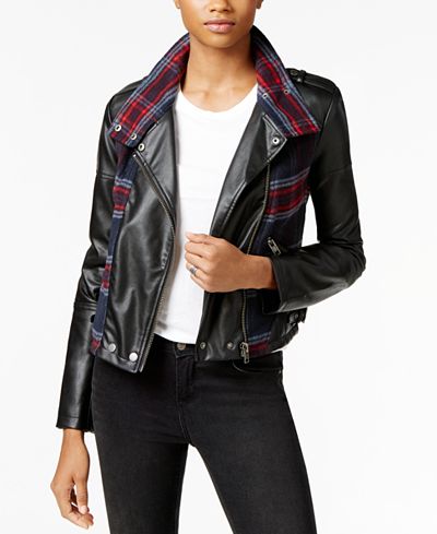 Collection B Faux-Leather Plaid-Trim Moto Jacket
