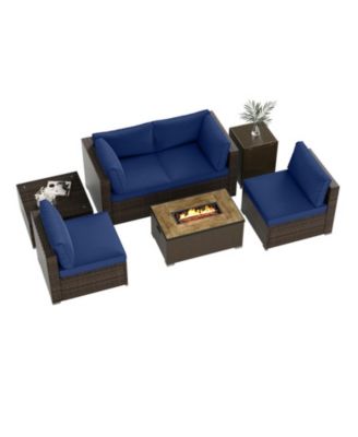 7 Piece Outdoor Furniture Set with 32 in Propane Fire Pit Table, Tank Cover and PE Wicker Sofas