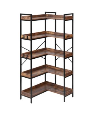 L Shaped Corner Bookshelf with Wooden Shelves, 4 Hooks and Heavy Duty Metal Frame