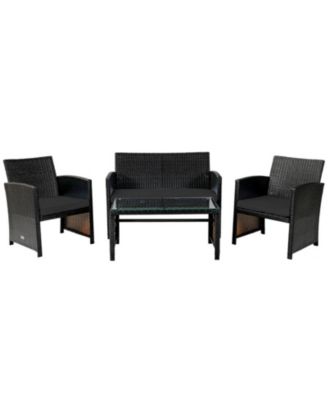 4 Piece Outdoor Patio Rattan Furniture Set, Loveseat, 2 Chairs and Glass Coffee Table