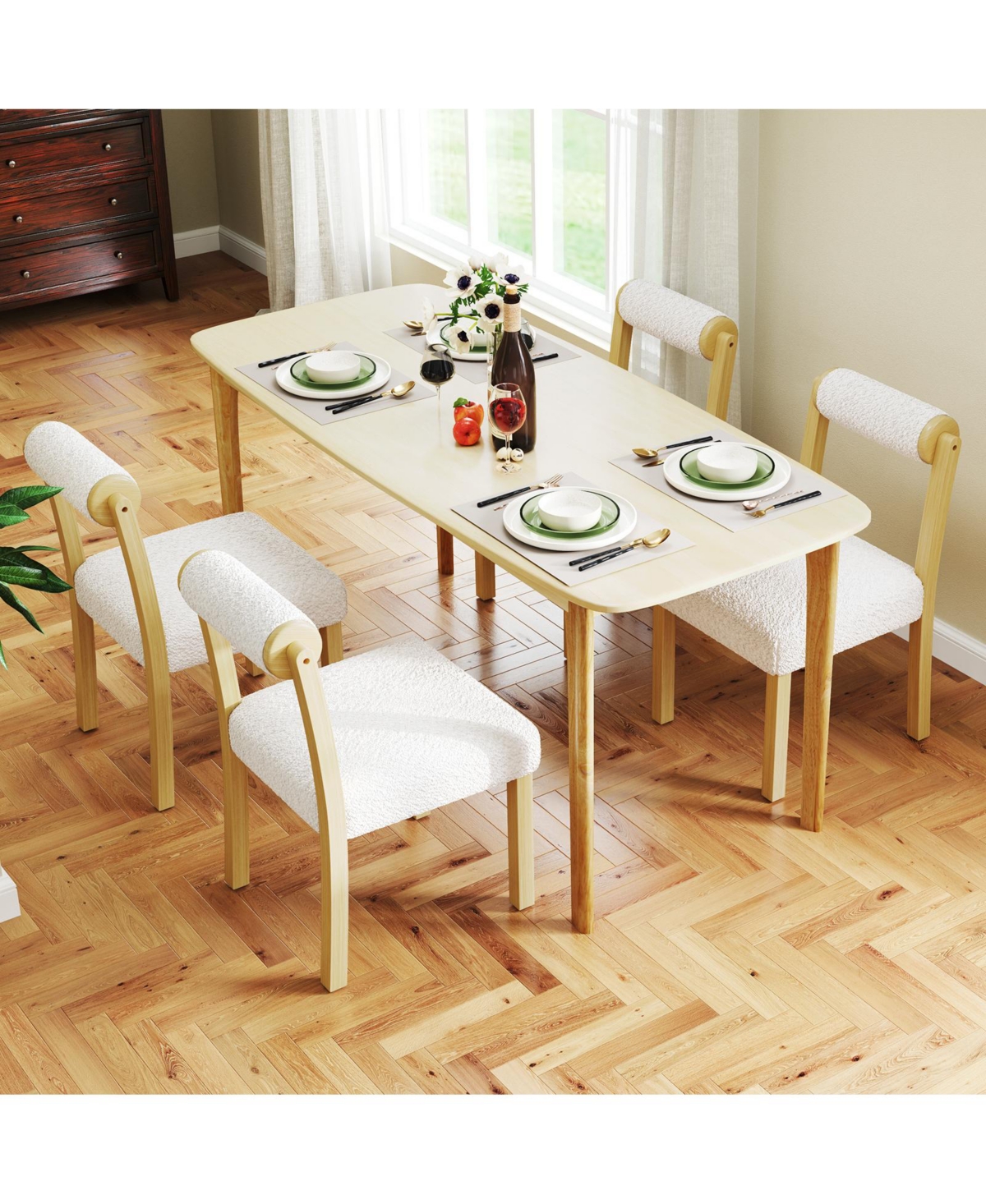 Gouun Wooden Dining Chairs Set of 2 with Cylinder Back and Sherpa Seat, 330 lb Each