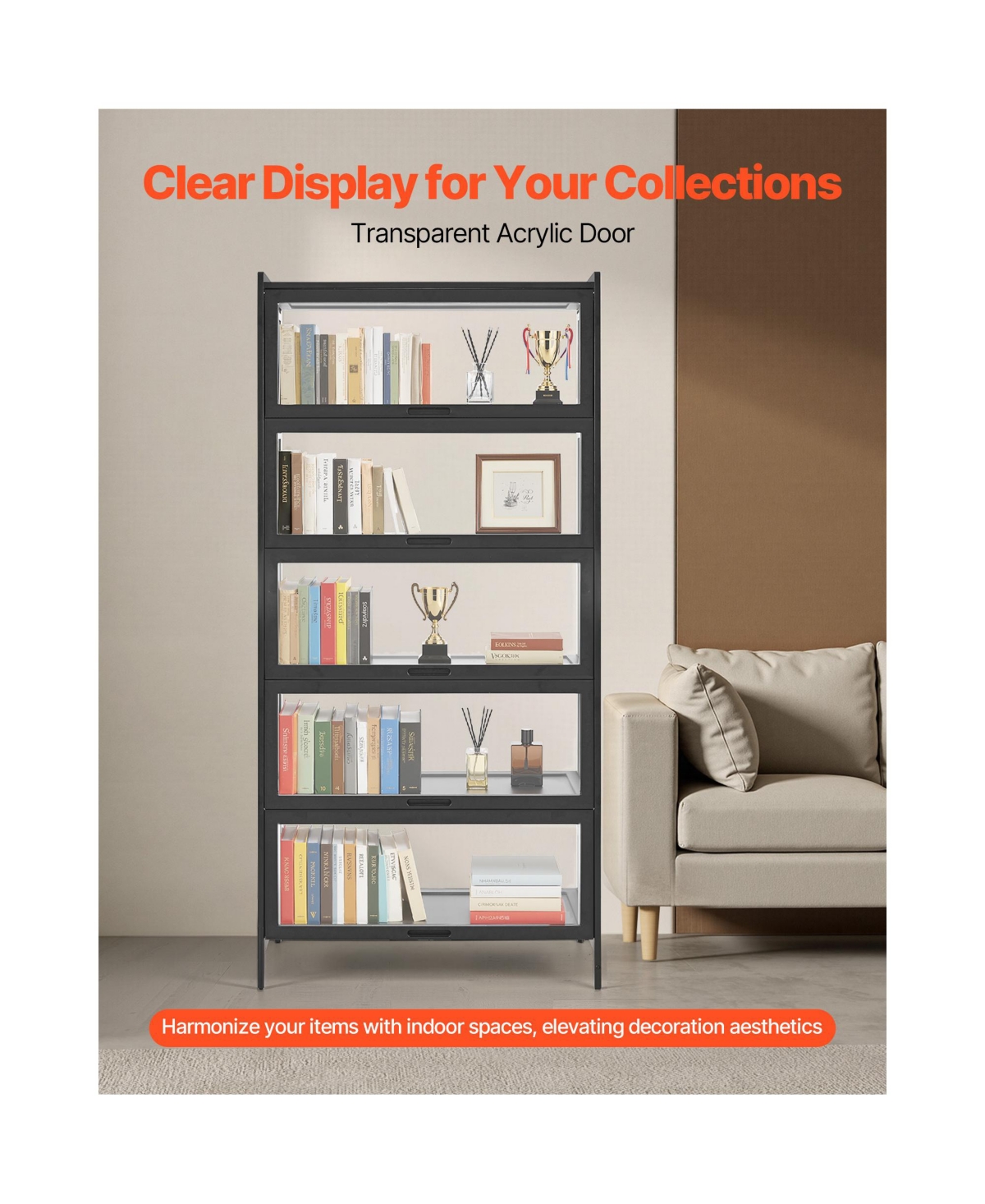 Sugift 68 Inch Tall 5-Tier Curio Display Cabinet with Acrylic Doors Wooden Frame Bookshelf