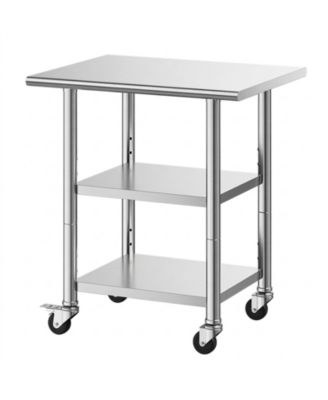 Compact Kitchen Prep Table 24 x 30 in Stainless Steel with Two Storage Shelves and Wheels