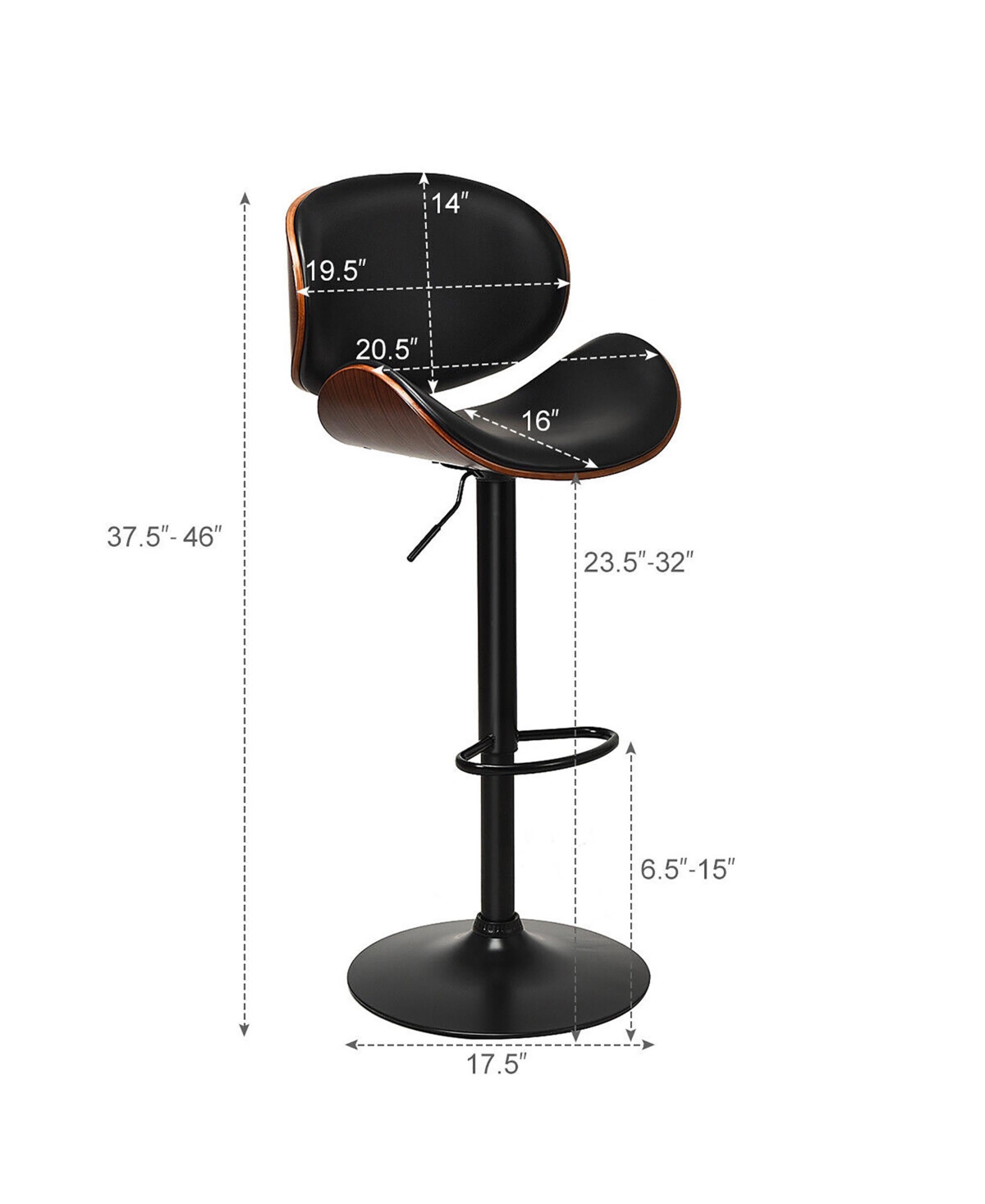 Gymax Set of 4 Bentwood Barstool Mid-Century Adjustable Swivel Pu Leather Curved Back