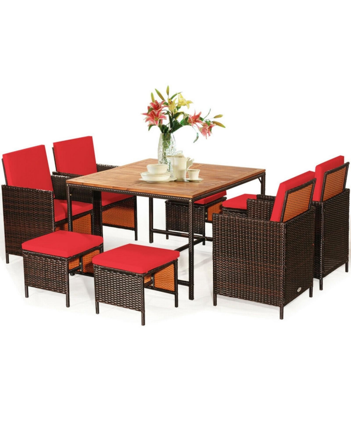 Gouun 9 Piece Outdoor Wicker Patio Dining Set with Acacia Wood Tabletop, 4 Chairs and 4 Ottomans