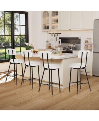 Modern Upholstered Stools Set of 4, Round Padded Seats, Black Metal Legs, Curved Back and Footrest, for Kitchen Island, Dining Room and Cafe
