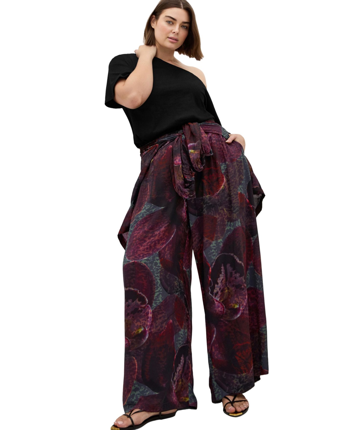 Женские брюки CITY CHIC Plus Size Piper Orchid Print Wide Leg Pant, цвет: Чёрный орхидея — фото 3