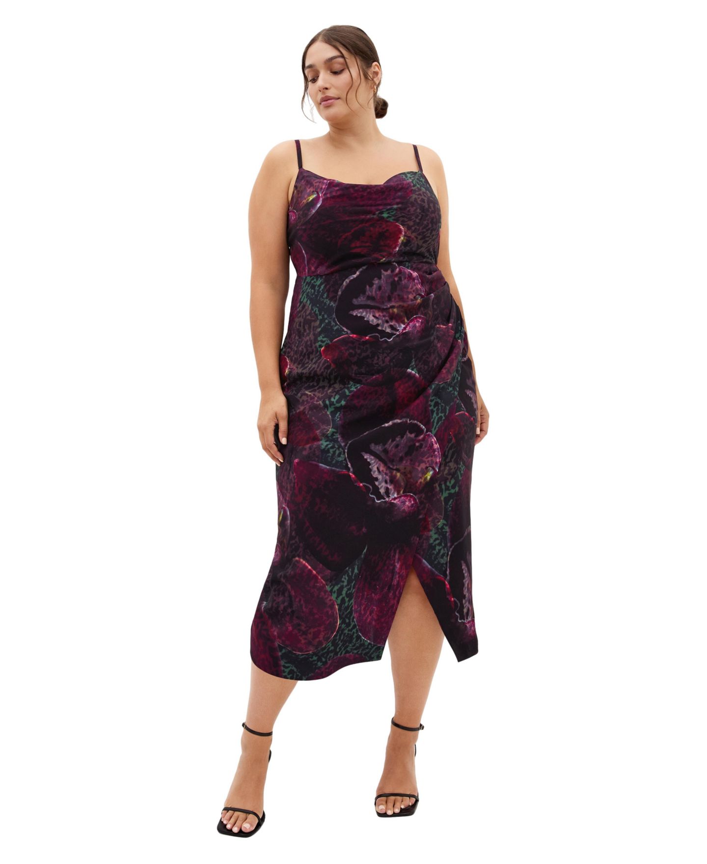 Женское платье CITY CHIC Plus Size Marisol Orchid Print Cowl Neckline Midi, цвет: Чёрный орхидея — фото 1