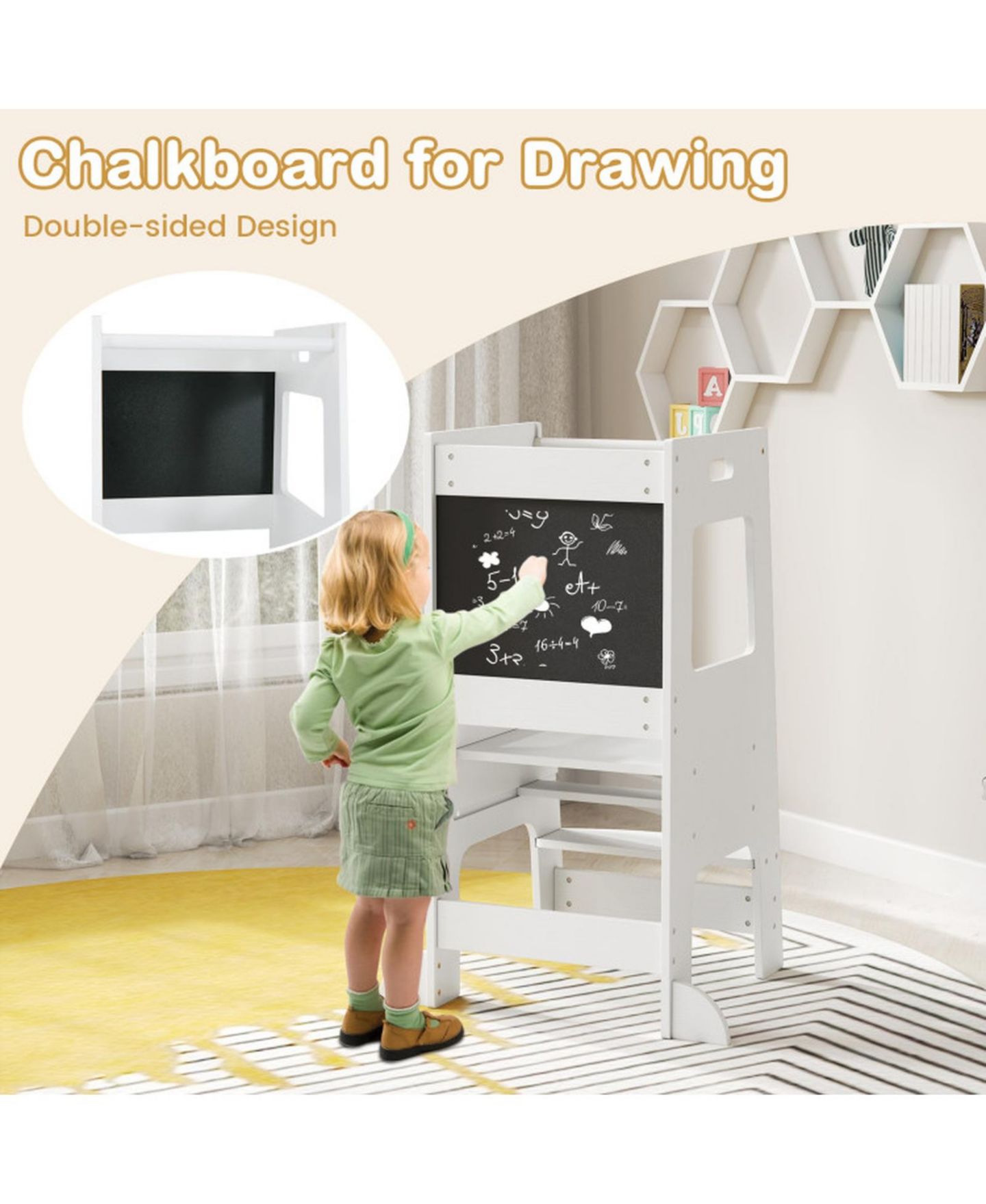 Детская игрушка HONGGE Adjustable Birch Wood Toddler Kitchen Tower with Chalkboards, Ages 3+, цвет: Белый — фото 10
