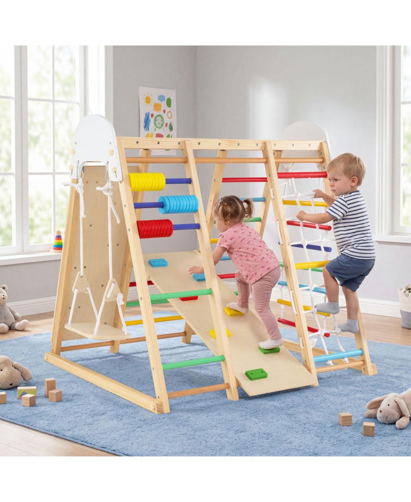 Детская игрушка HONGGE Foldable Wooden Jungle Gym with Swing and Monkey Bars, от 3 лет, цвет: Коричневый — фото 9