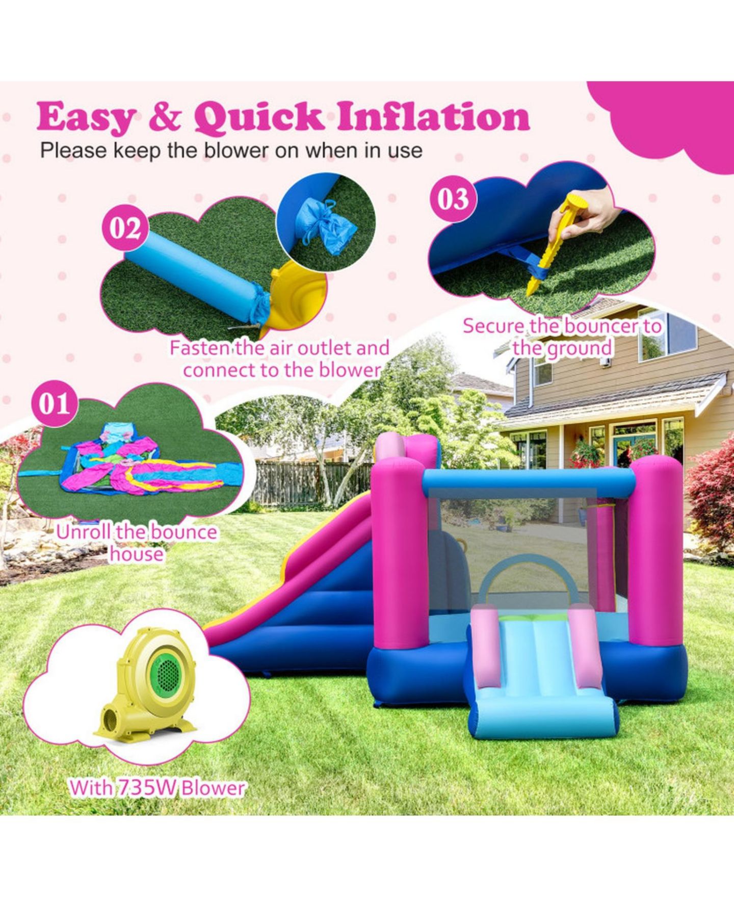 Детские игрушки HONGGE Inflatable Bounce House with Dual Slides and Basketball Hoop, 179" x 133" x 79", Ages 3-12, цвет: Розовый — фото 5